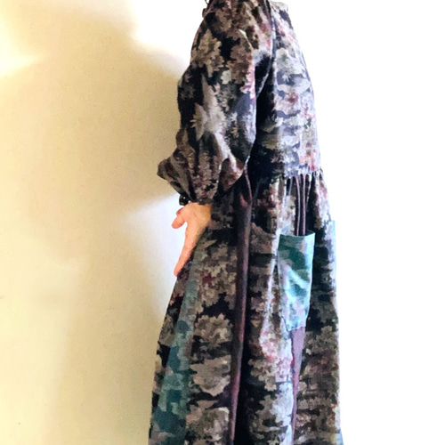 泥染大島紬＋亀甲大島紬 バイアス仕立て パッチワーク ロング