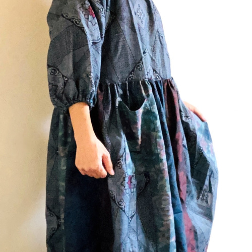 k-4☆大島紬☆パッチワークのふんわり割烹着 エプロン スモッグ