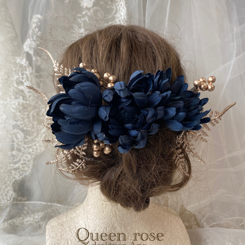 送料無料】Queen rose 紺色&ゴールド髪飾り ヘッドドレス