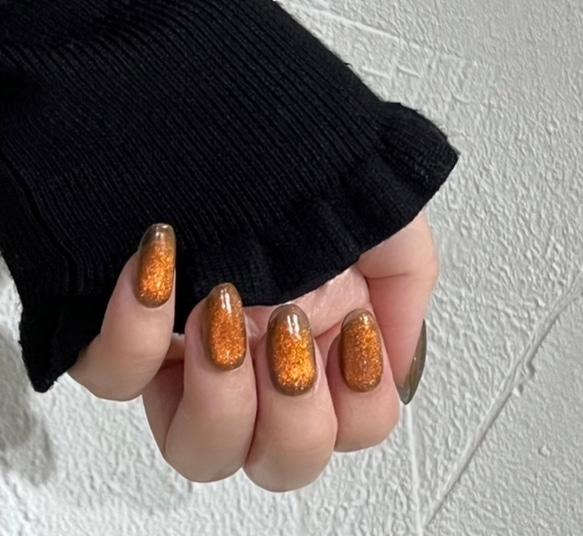 うるつやレッドオレンジブラウン✨マグネットネイル ネイルチップ