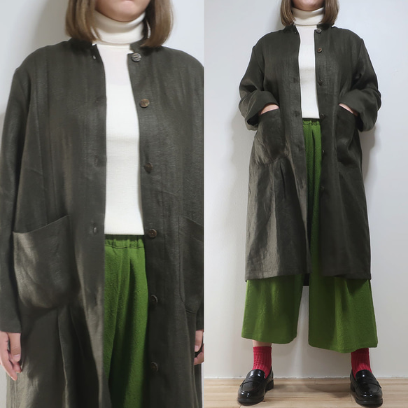 人字紋保暖亞麻❣️立領外套連身裙（亞麻/全4色） 第7張的照片