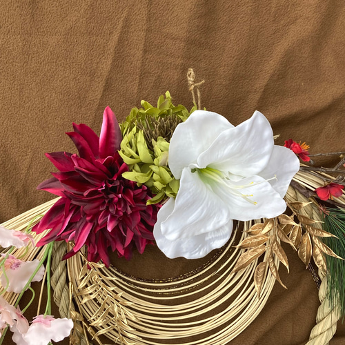 一点物【お正月】豪華 お花いっぱいのしめ縄リース ー特大サイズ 2303