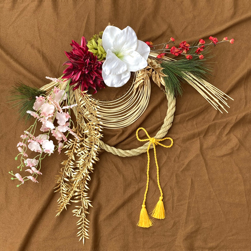 一点物【お正月】豪華 お花いっぱいのしめ縄リース ー特大サイズ 2303