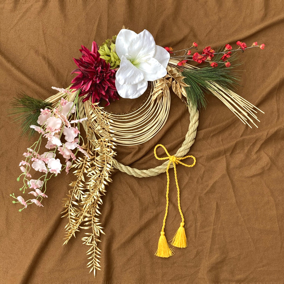 一点物【お正月】豪華 お花いっぱいのしめ縄リース ー特大サイズ 2303