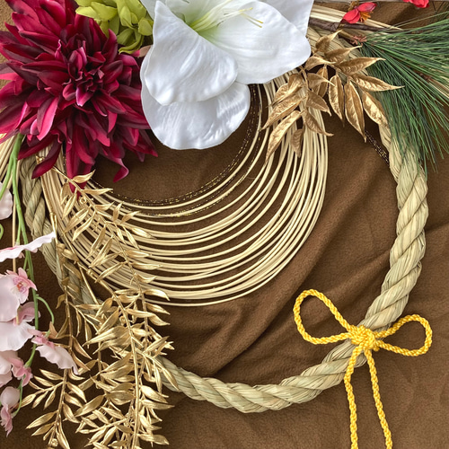 一点物【お正月】豪華 お花いっぱいのしめ縄リース ー特大サイズ 2303