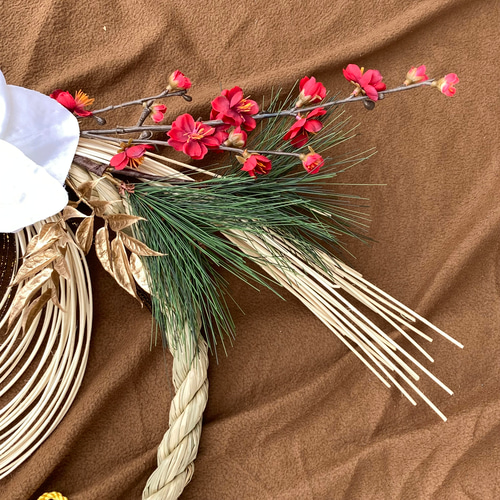 一点物【お正月】豪華 お花いっぱいのしめ縄リース ー特大サイズ 2303