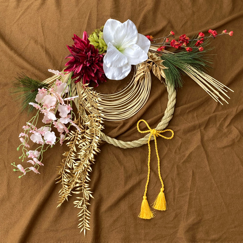 一点物【お正月】豪華 お花いっぱいのしめ縄リース ー特大サイズ 2303