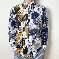 日本製　LEONARD FASHION ネイビー 半袖シャツ　コットン100% 個性的な柄が◎ペイントプリント レギュラーカラーシャツ◇日本