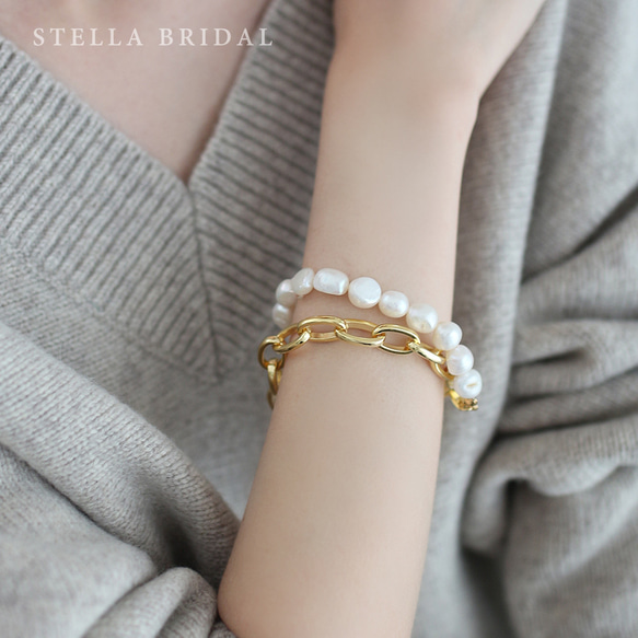 Stella Bridal＊2WAY＊SV925＊バロックパールとオーバルチェーンのブレスレット＆チョーカー 1枚目の画像