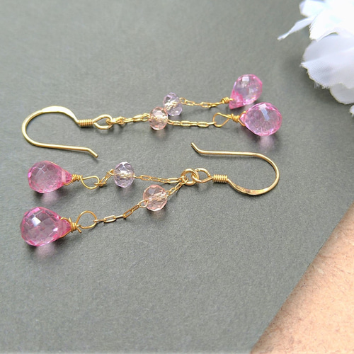 フックピアス ピンク系ブリオレット ピアス silver925 ゴールドカラー