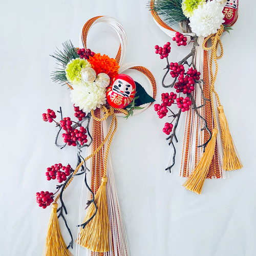 新年を祝うお正月飾り＊赤ダルマとマム結び水引きしめ縄飾り＊無料