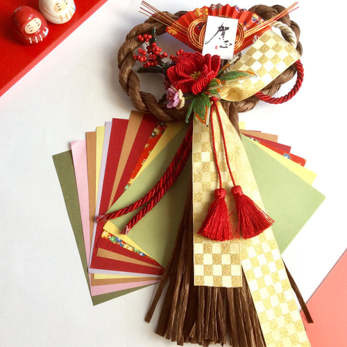 ○S8 椿と南天と葉牡丹でお正月飾り しめ縄・しめ飾り ビーズ大好き