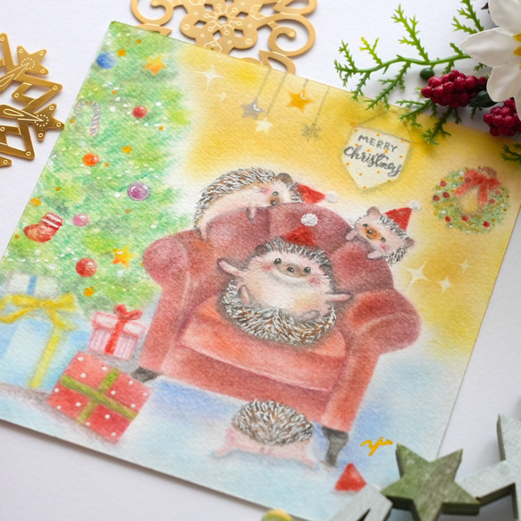 【原画】「ハリネズミの楽しいクリスマスパーティー」　パステルアート　動物　イラスト 5枚目の画像