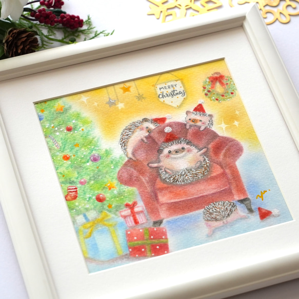 【原画】「ハリネズミの楽しいクリスマスパーティー」　パステルアート　動物　イラスト 1枚目の画像