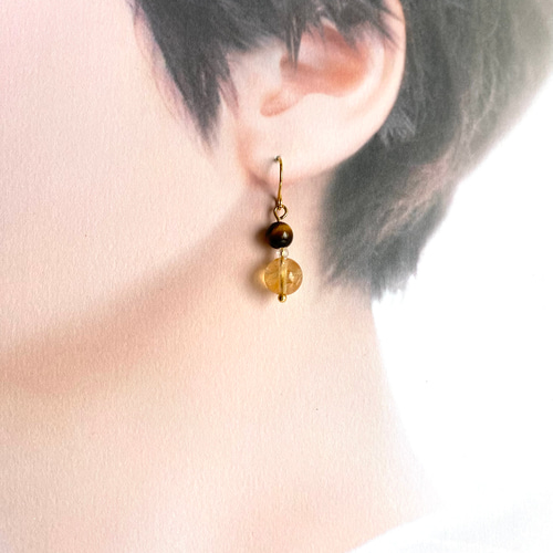 天然石/シトリン/タイガーアイ/ピアス/イヤリング/誕生石/黄水晶/虎目 