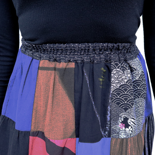 SALE☆刺繍手描き染めのミックスパッチワークスカート、フリーサイズ 