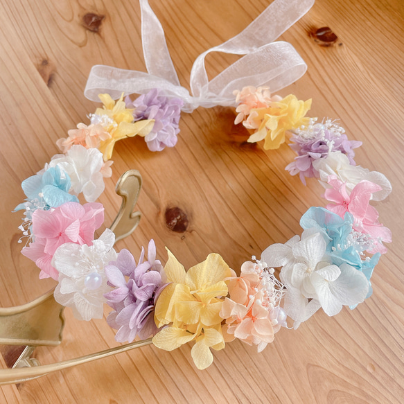 新色！》花冠ベビーキッズ 【虹色カラー】 『カラフル紫陽花×かすみ草 