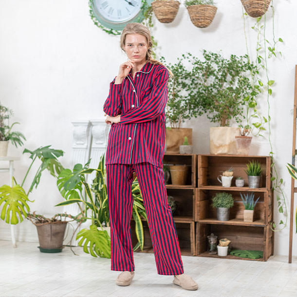 パジャマ【nete】日本製 レディース ペアパジャマ サテンレッド ストライプ柄 ギフト 6533-5140-65