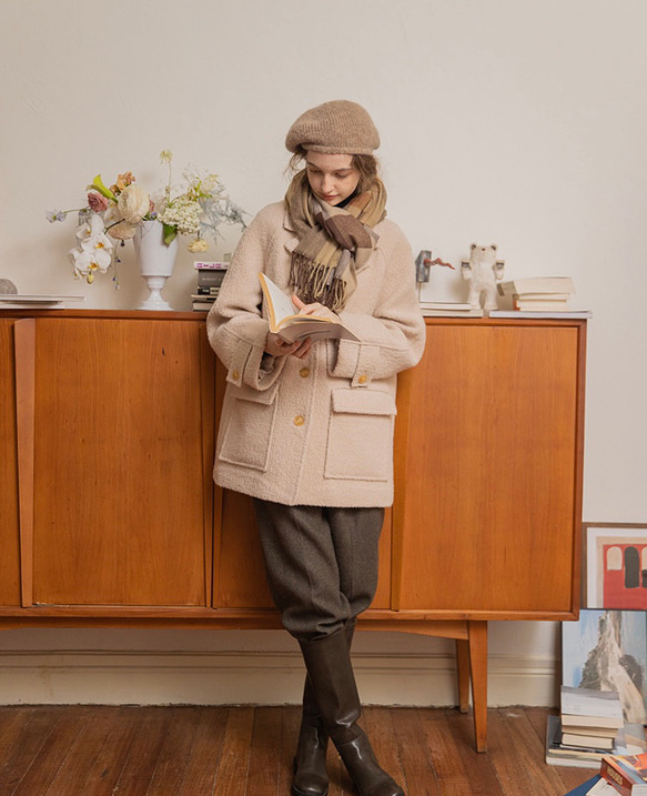 ウール混 ほっこりパイル織り地 ハーフコート【冬春秋】ミルクティー