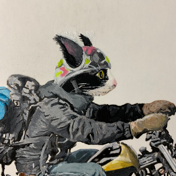 絵画 旅するハチワレ A4 アクリル画 原画 手書き 猫 ハチワレ バイク 4枚目の画像