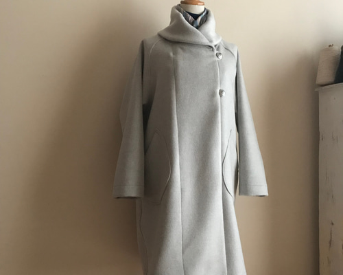 カシミヤウール（アイスグレー）で作ったショールカラーロングコート