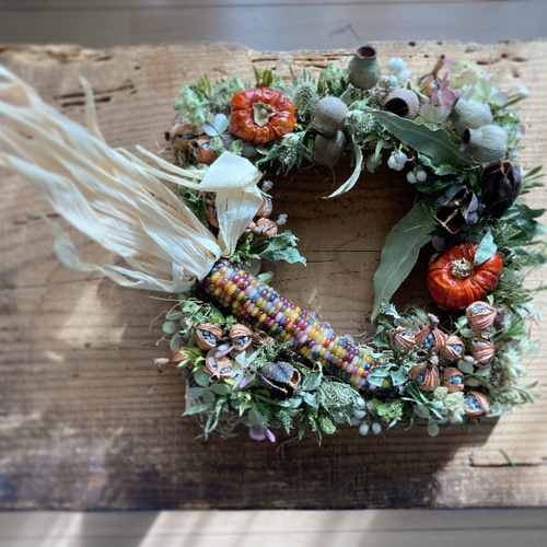 フレームリース グラスジェムコーンとレッドパンプキン リース mou