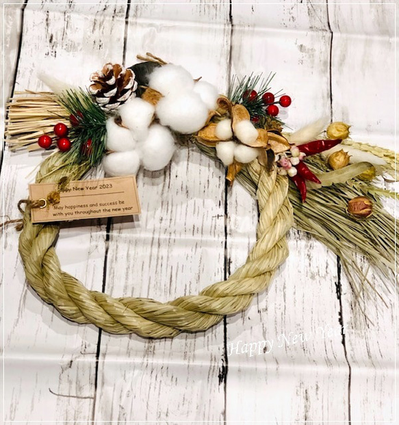 しめ飾り お正月リース しめ縄 綿の実 ハンドメイド ドライフラワー
