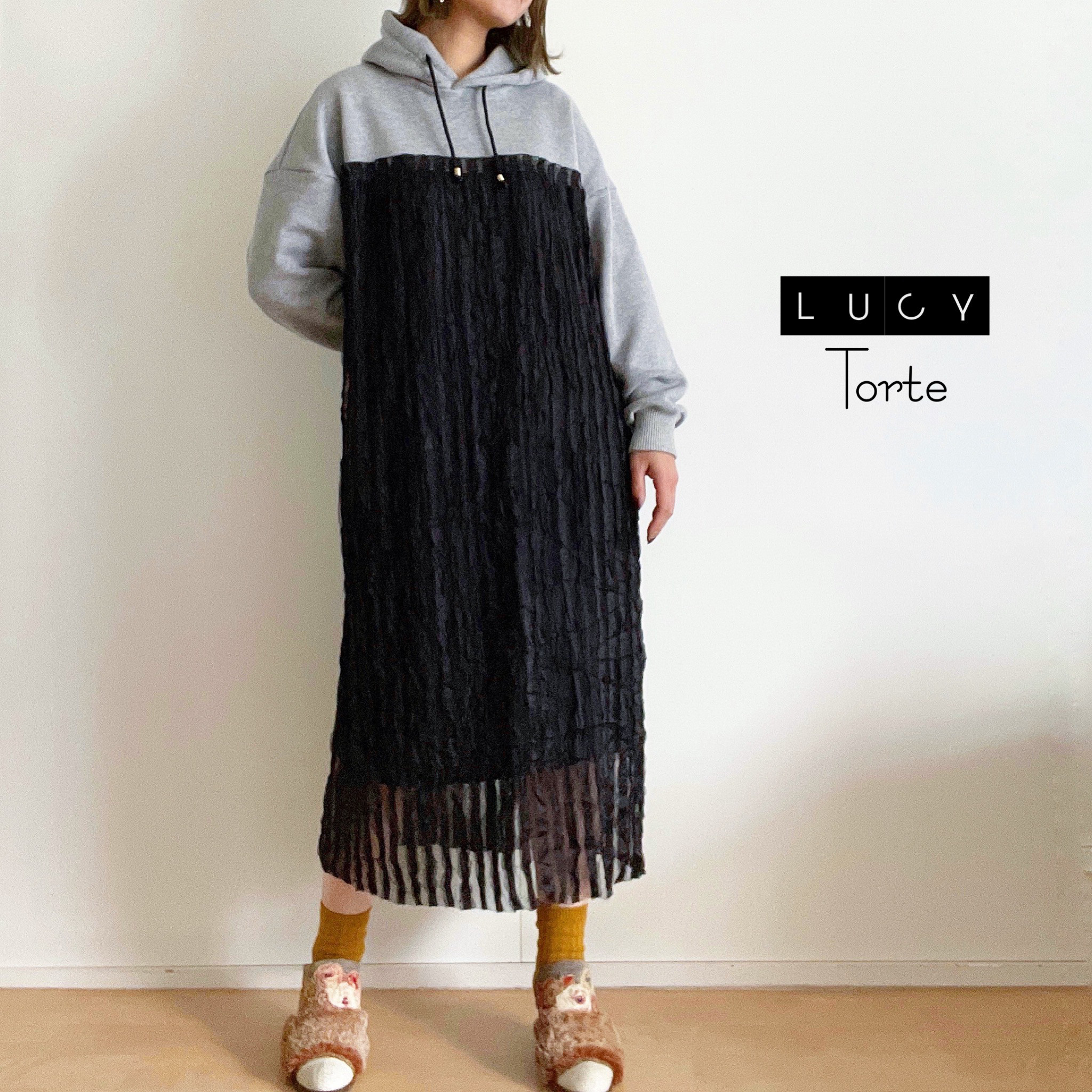 スウェット×カットワークチュール フーディ コンビワンピ【MONO】 12,768円