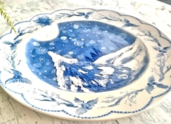 雪景色プレート　飾り皿　オールブルー 2枚目の画像