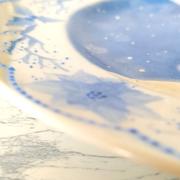 雪景色プレート　飾り皿　オールブルー 5枚目の画像
