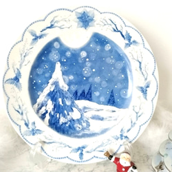 雪景色プレート　飾り皿　オールブルー 1枚目の画像