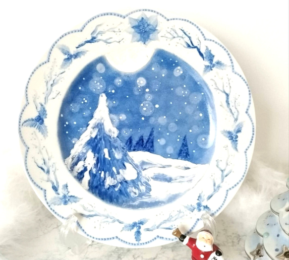 雪景色プレート　飾り皿　オールブルー 1枚目の画像