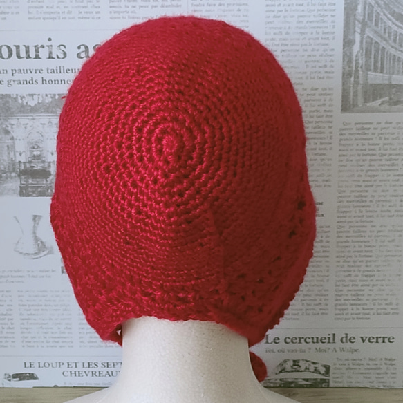 バラクラバ　クロシェハット　かぎ針編み　ニット帽　ボンネット　赤 5枚目の画像