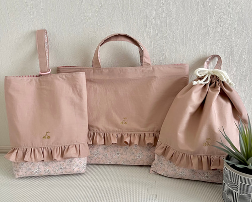 入園　入学　カバン　セット　くすみグレー　キャット　スタンプ × くすみピンク 入園入学グッズ3点セット くすみピンク レッスンバッグ いちマ