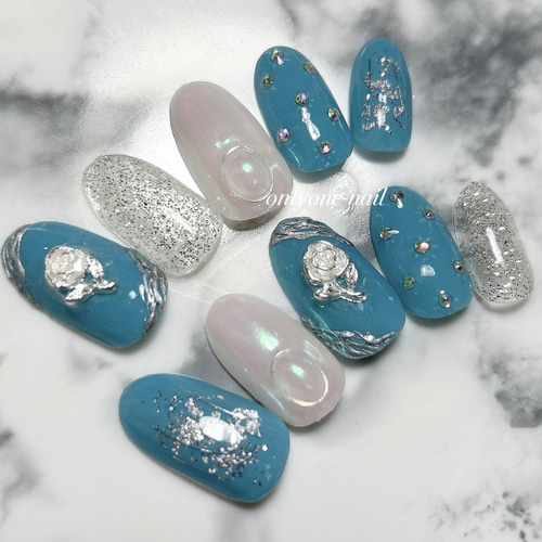 423】くすみブルー♡ニュアンスネイル♡オーロラネイル♡パーツネイル  