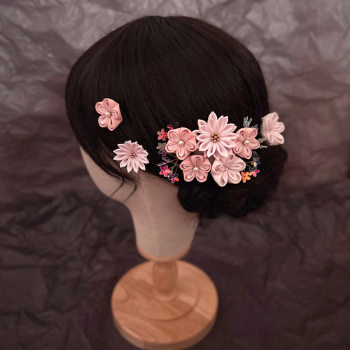 キラキラお花スパンコールの髪飾り つまみ細工 七五三 桃色 浴衣