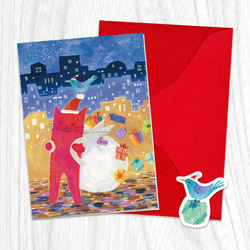赤い猫と青い鳥「ハルとソラ」のクリスマス・ミニカード3種セット［封筒・シール付］ 3枚目の画像