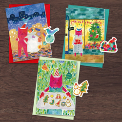 赤い猫と青い鳥「ハルとソラ」のクリスマス・ミニカード3種セット［封筒・シール付］ 2枚目の画像