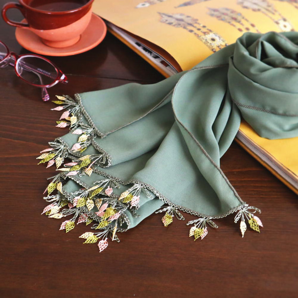 [Made to order] OYA Needlelace chiffon shawl [LEAF] Green 第1張的照片