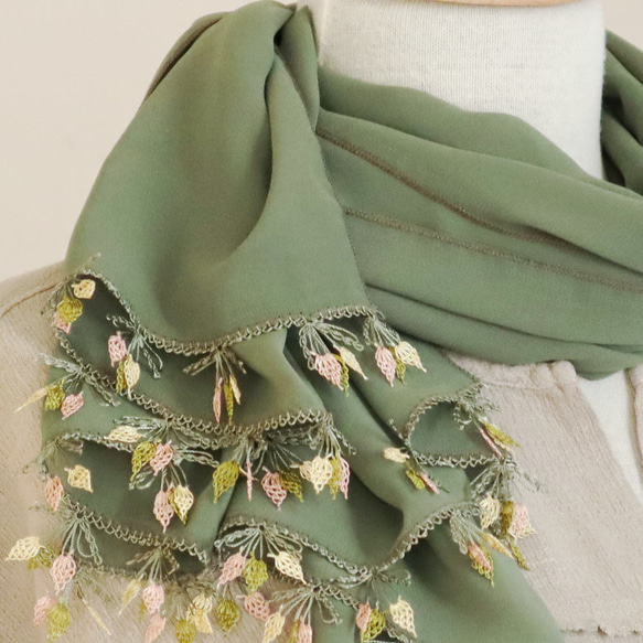 [Made to order] OYA Needlelace chiffon shawl [LEAF] Green 第3張的照片