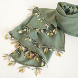 [Made to order] OYA Needlelace chiffon shawl [LEAF] Green 第6張的照片