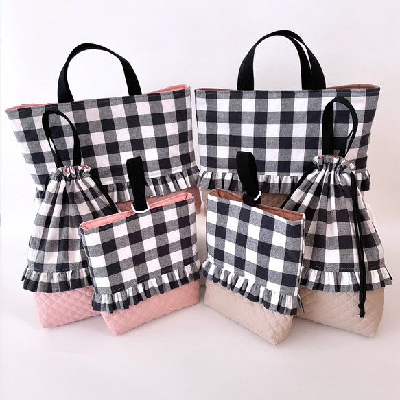 レッスンバッグ シューズ入れ 体操着袋 ハンドメイド グレー ギンガム