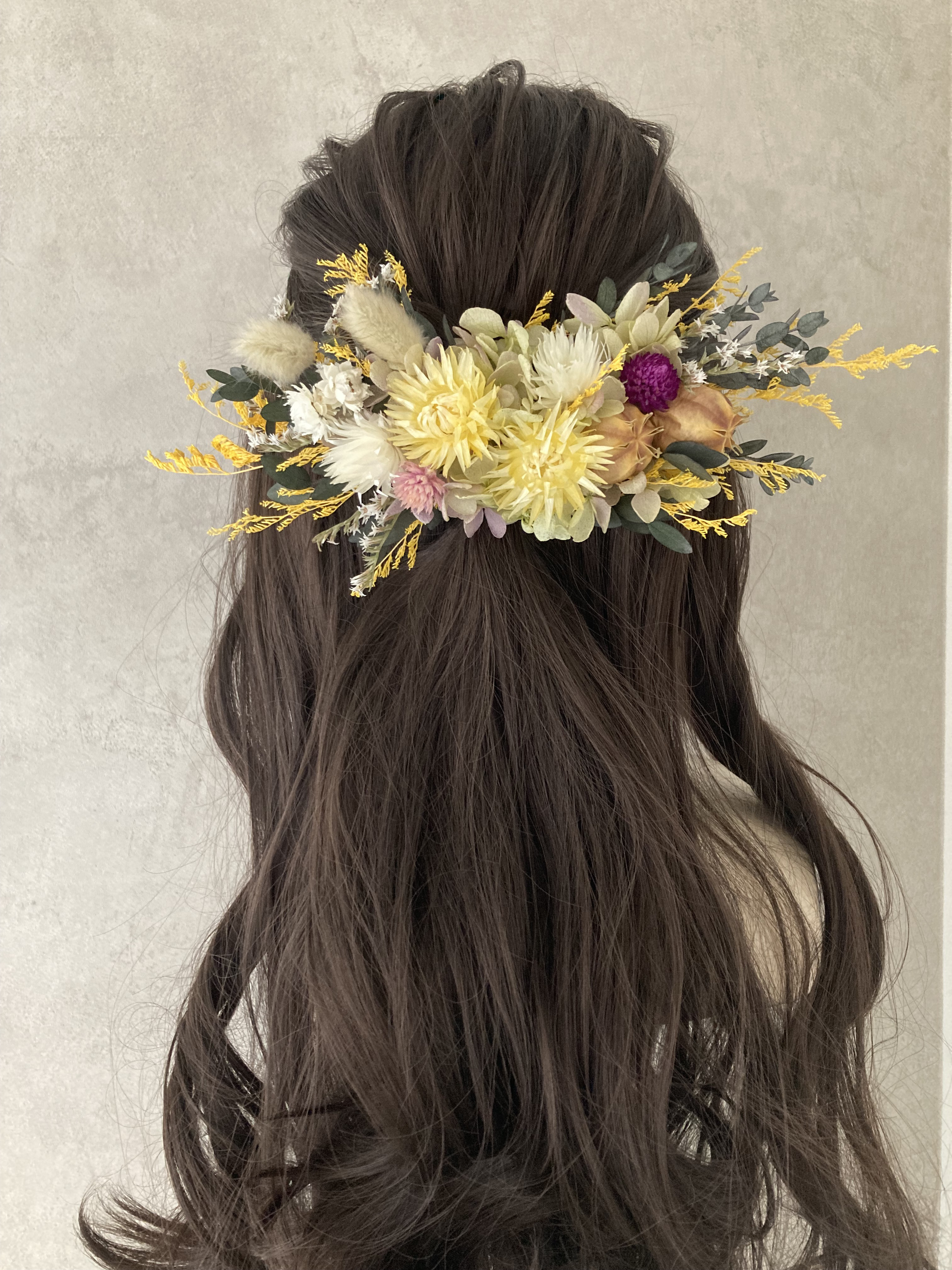 ウェディング　和装　ヘッドドレス　イエロー　デージー　ユーカリ