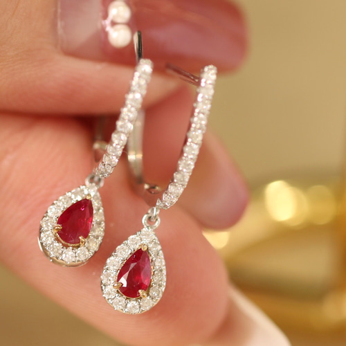 天然ダイヤモンド付きルビーピアスk18 ピアス（フープ） パール  