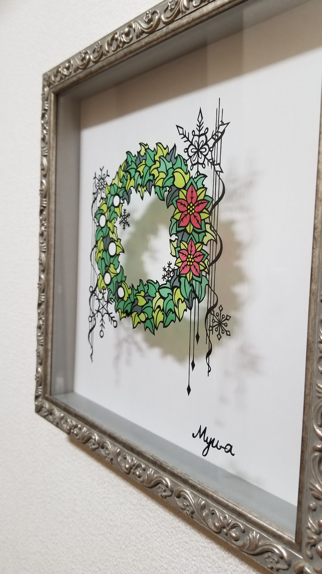 水彩アート「クリスマスリース」１点物、手描き、真筆。