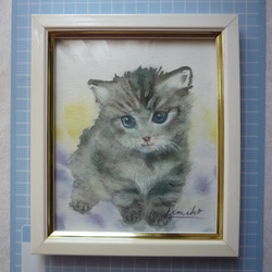 《額装　水彩画　手描き原画》猫 1枚目の画像