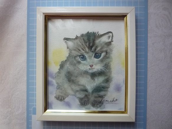 《額装　水彩画　手描き原画》猫 1枚目の画像