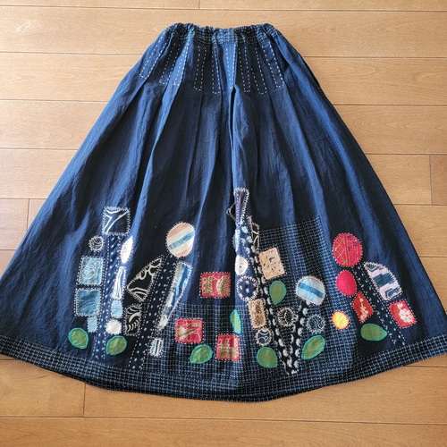 古布 手作り 藍無地 花アップリケ スカート ワンピース