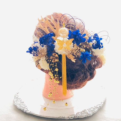 成人式髪飾り 揺れる蝶々パールチェーンタッセル簪&ブルー紫陽花  