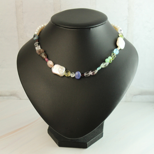 1点限定】天然パール マルチ天然石（24種類）ラリエット ネックレス